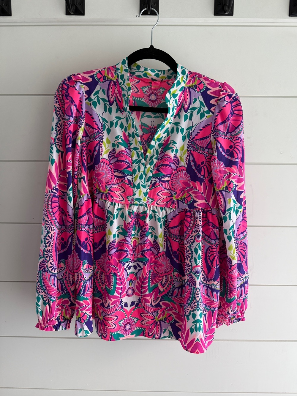Lilly Pulitzer Pink and Purple Floral V-Neck Blouse, Size XS